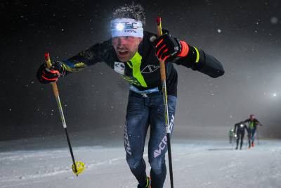Italian Marcello Ugazio on the lung-busting ascent of the Monte Lussari Vertical at the 2024 SkySnow World Championships. ©Damiano Benedetto Photo